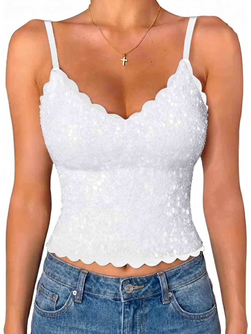 🆕Women's White Built in Bra Tank Tops Sequin Sparkly  Sleeveless Shirts